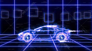 Abstract animation of blue futuristic super car made with light beam wireframes on futuristic city background scene