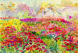 Watercolor painting original landscape colorful of flowers fields in garden
