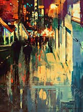 Colorful alley at night,digital painting