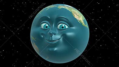 Anthropomorphic Earth, seamless loop. 3D animation in cartoon style.