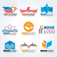 Book logo - bird and sun and lotus mix concept vector illustration set design