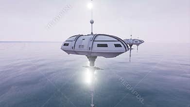 Animation of futuristic sci fi stations hoovering above ocean 4K