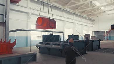 Steel Hardening ingot in the workspace, Big red-hot metal detail from metal furnace on crane