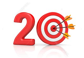 Red stripe targets with arrow form the red number 20. Accurate shot metaphors