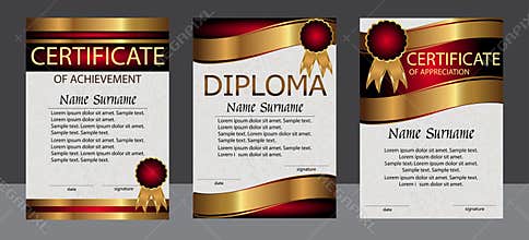 Certificate of achievement, appreciation, diploma vertical template. Set red and gold. Reward. Award winner. Winning