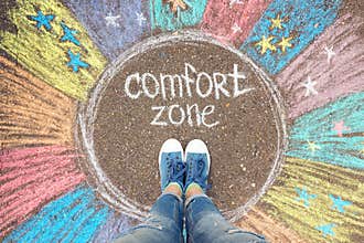 Comfort zone concept. Feet standing inside comfort zone circle.