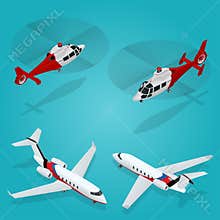 Passenger Airplane. Private jet. Passenger Helicopter. Isometric Transportation. Aircraft Vehicle. Air Transportation