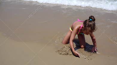 Child Playing in Sea Sand Beach, Little Girl on Tropical Exotic Sea Coastline