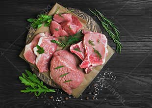 Assorted of cuts and portions raw fresh red meat