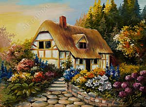 Oil painting of fairy house, art work