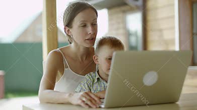 Mother and son video chatting