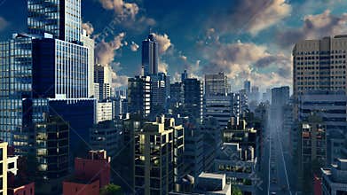 Modern big city skyline at sunrise Time lapse