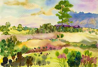 Watercolor landscape original painting colorful of mountain and wooden house