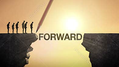 Pencil write 'FORWARD', connecting the cliff. Businessman crossing the cliff, business concept.