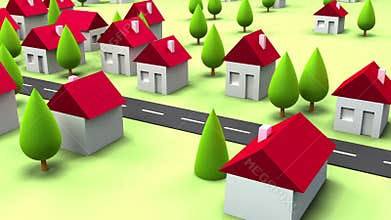 Primitive cartoon houses and the road. 3D