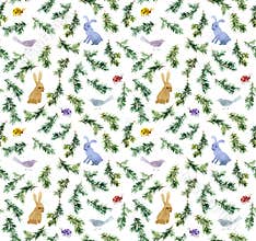 Cute rabbits, birds, branches christmas tree. Seamless pattern. Watercolor