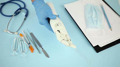 Bionic medical hand prosthesis. Amputation of arm.