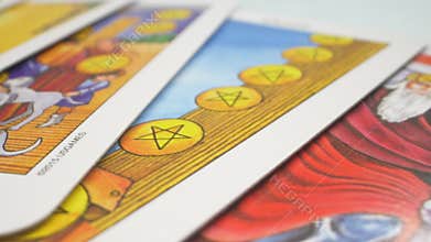 Editorial. Russia Sochi 07/04/2020. super close up. the details. a deck of tarot cards laid out on the table