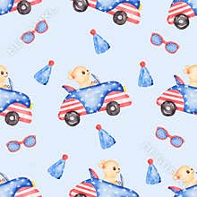 Watercolor Transport seamless pattern,  Hand drawn car, dog, flags paper. Cute domestic animal, kids party,  chihuahua dog clipart