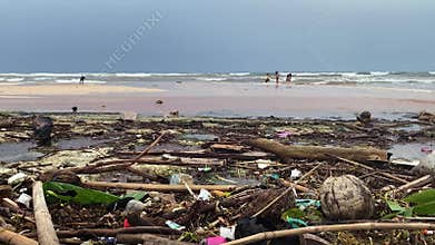 Environmental Pollution. Ocean Beach With Plastic Waste. Kids And Dog Playing On Wasted Shore. Coast Covered With Plastic