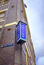 Traditional blue Police station lamp on the corner of Argyle Street and George Street in The Rocks, a historic area of Sydney, New