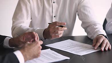 After consideration clauses of contract parties signing agreement closeup view