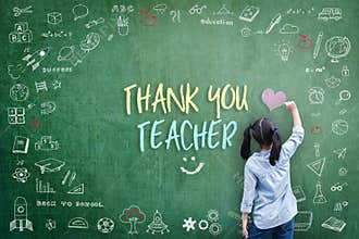Thank You Teacher greeting for World teacher`s day concept with school student back view drawing doodle of of learning education