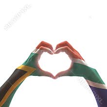 South Africa flag on woman hands in heart shape isolated on white background for national unity, union, love and reconciliation