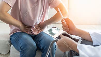 Abdominal pain patient woman having medical exam with doctor on illness from stomach cancer, irritable bowel syndrome, pelvic