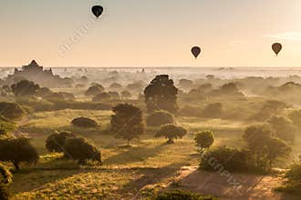 Balloons over Bagan and the skyline of its temples, Myanm