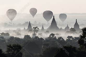 Balloons over Bagan and the skyline of its temples, Myanm