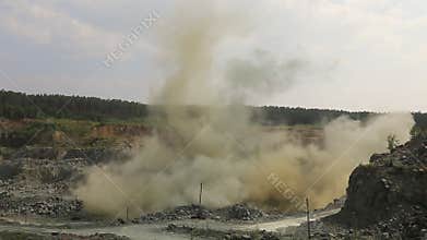 Explosion rocks in a quarry. Mining