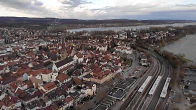 Aerial shot of Radolfzell South German town Near the Border with Switzerland on the Coast of Bodensee, Lake Konstanz