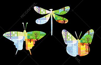 Four seasons nature background in silhouette of butterfly and dragonfly