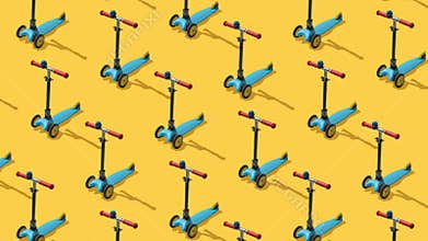 Flat lay composition with set of kick scooters on  yellow background.