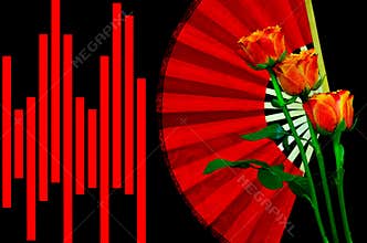 Aromatic rosa caribbean with red paper folding fan on graphic abstract background
