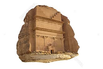 Qasr Al Farid, one of the tomb at the archaeological site Mada`in Saleh also called Al-á¸¤ijr or Hegr, Saudi Arabia. Isolated on w