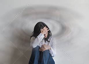Vertigo illness with dizziness in woman patient with spinning movement inside head, benign paroxysmal positional vertigo BPPV