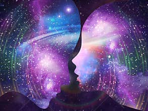 Human male, female bodies, Universe Inspiration Enlightenment Unity consciousness, Yin Yang, twin flames, cosmic lovers