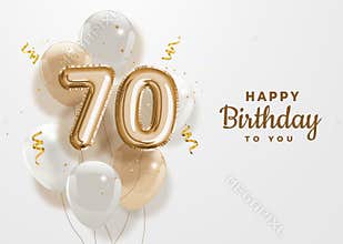 Happy 70th birthday gold foil balloon greeting background.