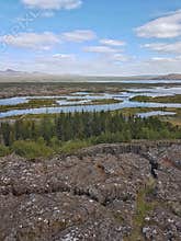 Iceland Landscape View of Fields, Vegatation, Montains, Lakes, Rivers, - Europe