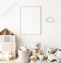 Poster frame mock up in child bedroom, Scandinavian unisex nursery design
