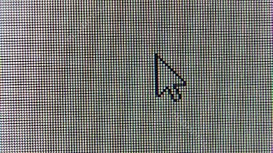 The cursor pointing arrow moves across the screen and clicks the Cancel icon. Screen monitor pixels close up. Red, blue