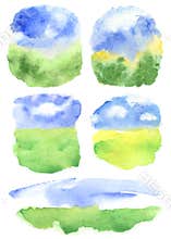 Summer abstract backdrops clouds on blue sky and grass field. set of watercolor backgrounds