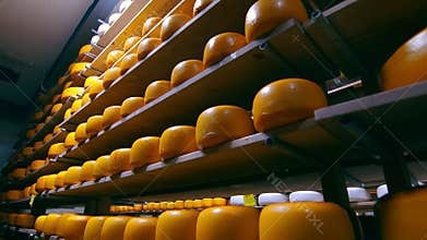 Storage of cheese of different varieties on wooden shelves in the refrigerator. Cheese on the shelves of the storage