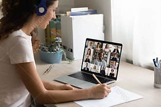 Female employee have webcam digital meeting with colleagues