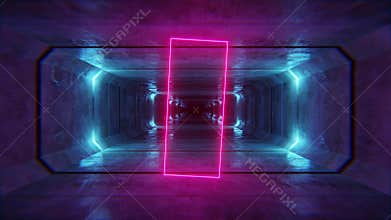 Cement underground conduit endless with spotlights and neon lights with cyberpunk aesthetic retro 80s