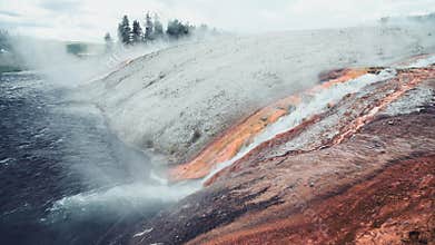 Outlet of the Excelsior Geyser in the Firehole River with mineral deposits, Midway Geyser Basin - Yellowstone National