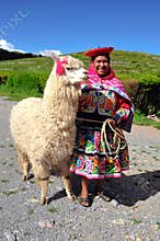 Peruvian Woman in traditional dress with Lama.