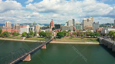 Aerial panning along Harrisburg, PA skyline